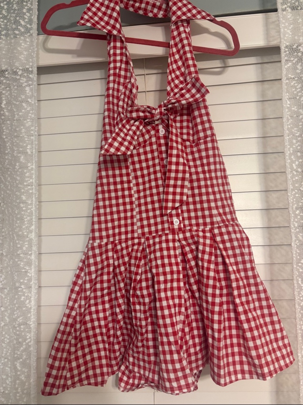 SHEIN Red and White Gingham Backless Halter Dress